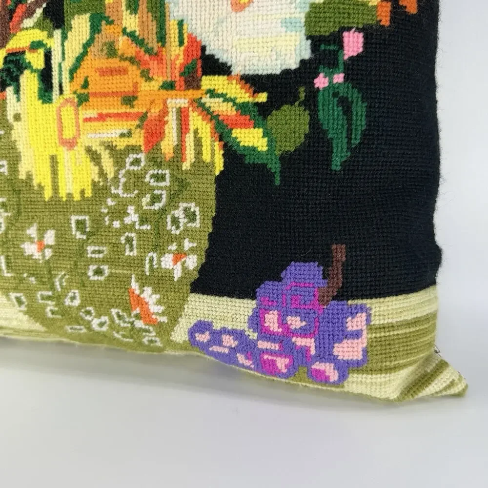 Vtg Handmade Needlepoint Throw Pillow Black Green Yellow Bouquet Vase Boho 16